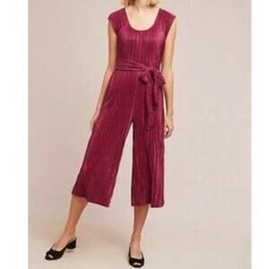 Anthropologie Maeve Sonata Wine Pleated Wide Leg Cropped Jumpsuit Size 4